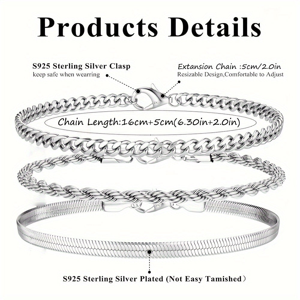 3er Set Damen Armbänder – Silbern, Figaro, Cuban & Snake Chain