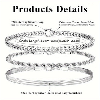 3er Set Damen Armbänder – Silbern, Figaro, Cuban & Snake Chain