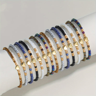 14er-Set Y2K Boho Herz & Harzperlen Armbänder – Stapelbar, Valentinstag Geschenk