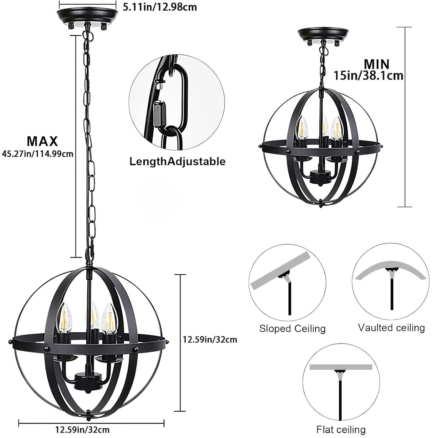 3-flammige Pendelleuchte Schwarz, Verstellbar, E14 für Küche, Esszimmer