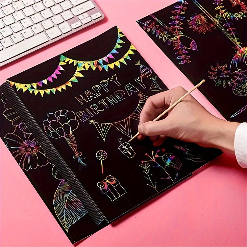 50er Set magisches Kratzpapier mit Bambus-Stiften