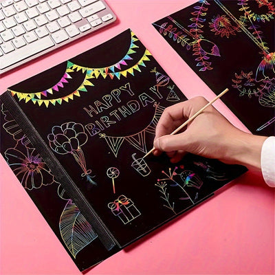 50er Set magisches Kratzpapier mit Bambus-Stiften