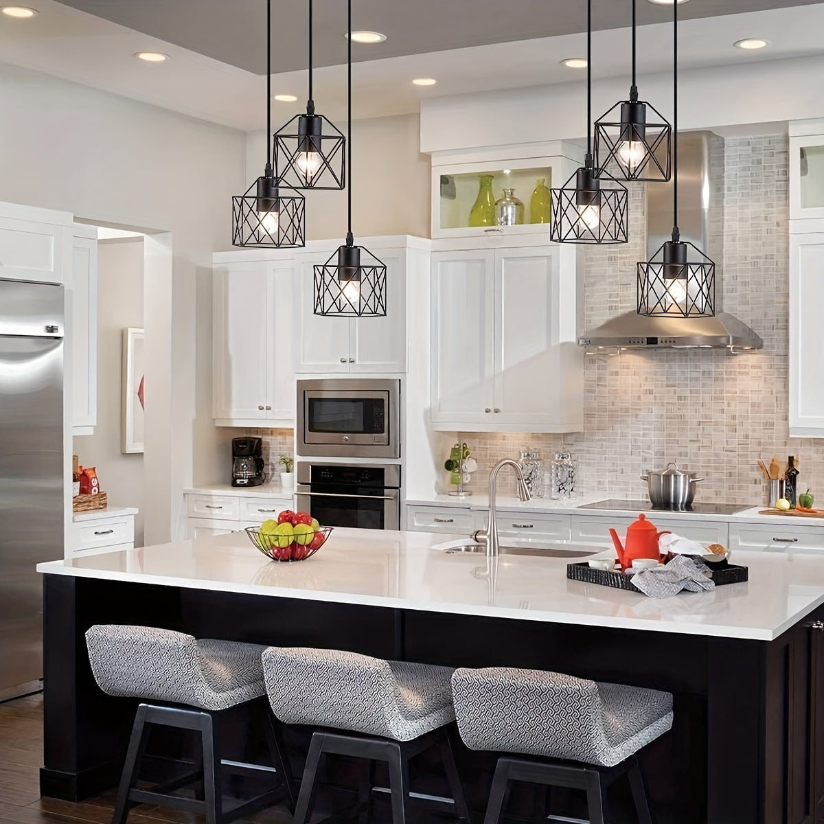 3-Lichter Pendelleuchte Vintage Industrie, Schwarze Geometrie, E27 für Küche