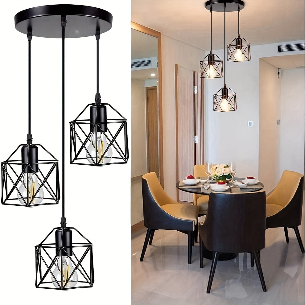 3-Lichter Pendelleuchte Vintage Industrie, Schwarze Geometrie, E27 für Küche