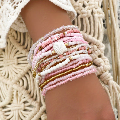 17-teiliges Boho Perlenarmband-Set – Muschel & Reisdesign für Sommerpartys