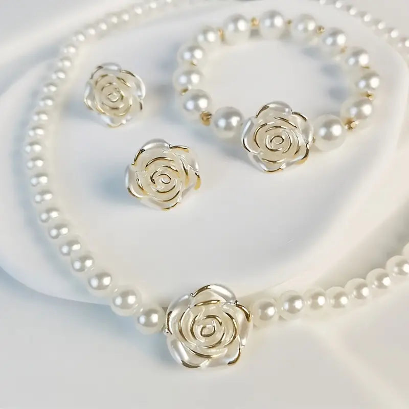 3-teiliges Camellia Perlen Halskette, Armband & Ohrring Satz