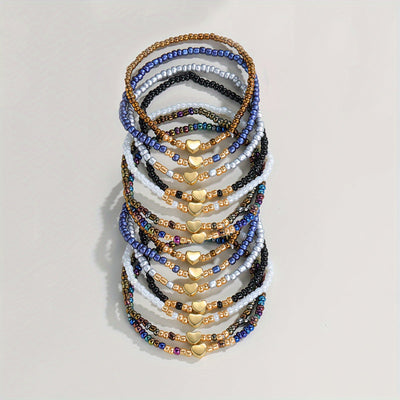 14er-Set Y2K Boho Herz & Harzperlen Armbänder – Stapelbar, Valentinstag Geschenk