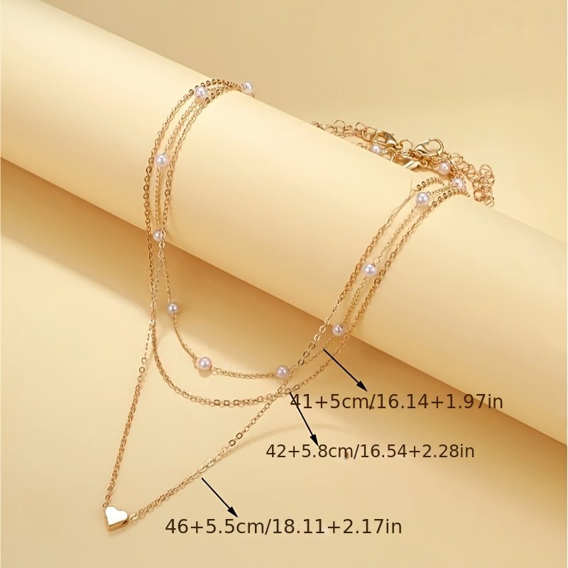 3pcs Herz Charme Faux Perle Halskette Set