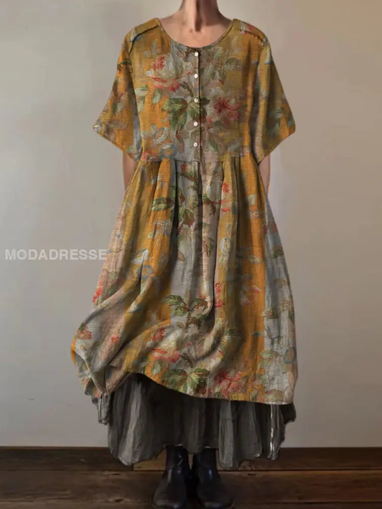 Vintage Rundhals Midi Kleid mit Retro Boho Blumenmuster und Kurzarm