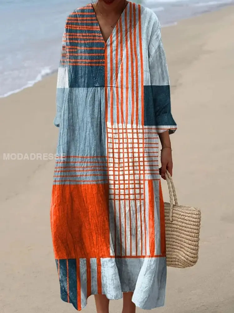Vintage Lässiges Langarmkleid mit Retro Geometrischem Druck und V-Ausschnitt