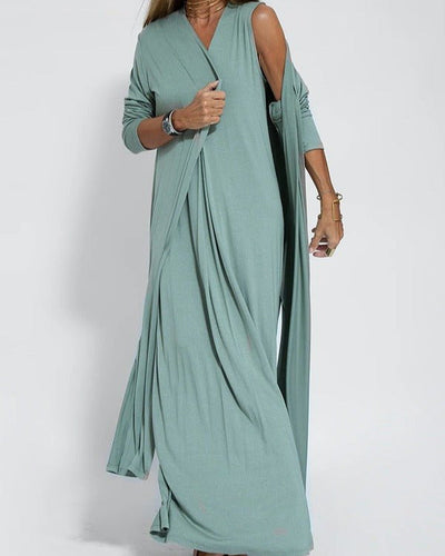 Wickelkleid mit V-Ausschnitt und Strickjacke für Damen