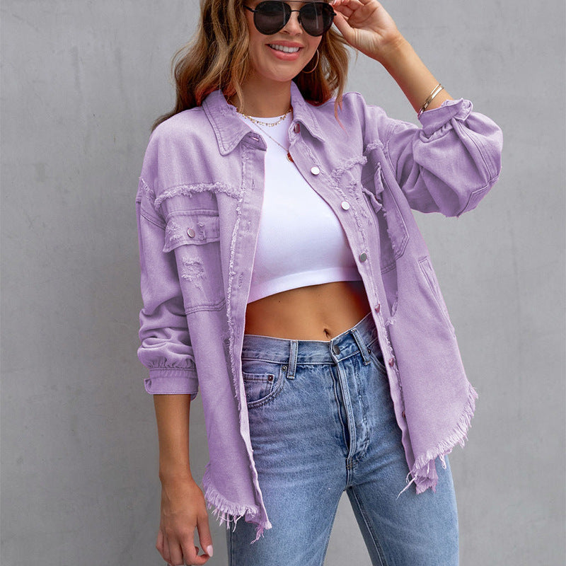 Vintage Knopfleiste Ripped Denim Jacke für Frauen